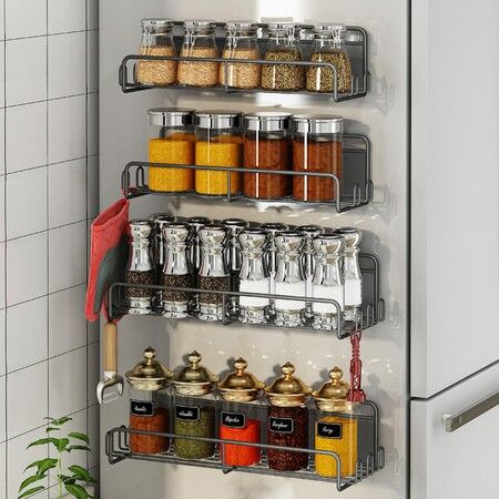 Magnetic Spice Rack for Refrigerator,Magnetic Spice Rack Organizer with Super Strong Magnetic,Magnetic Shelf Metal Kitchen Organization Spice and Seasoning Organizer (Black,4 Pack)