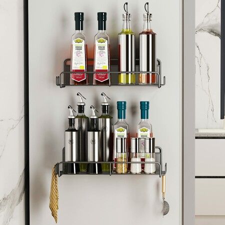 Magnetic Spice Rack for Refrigerator,Magnetic Spice Rack Organizer with Super Strong Magnetic,Magnetic Shelf Metal Kitchen Organization Spice and Seasoning Organizer (Black,2 Pack)