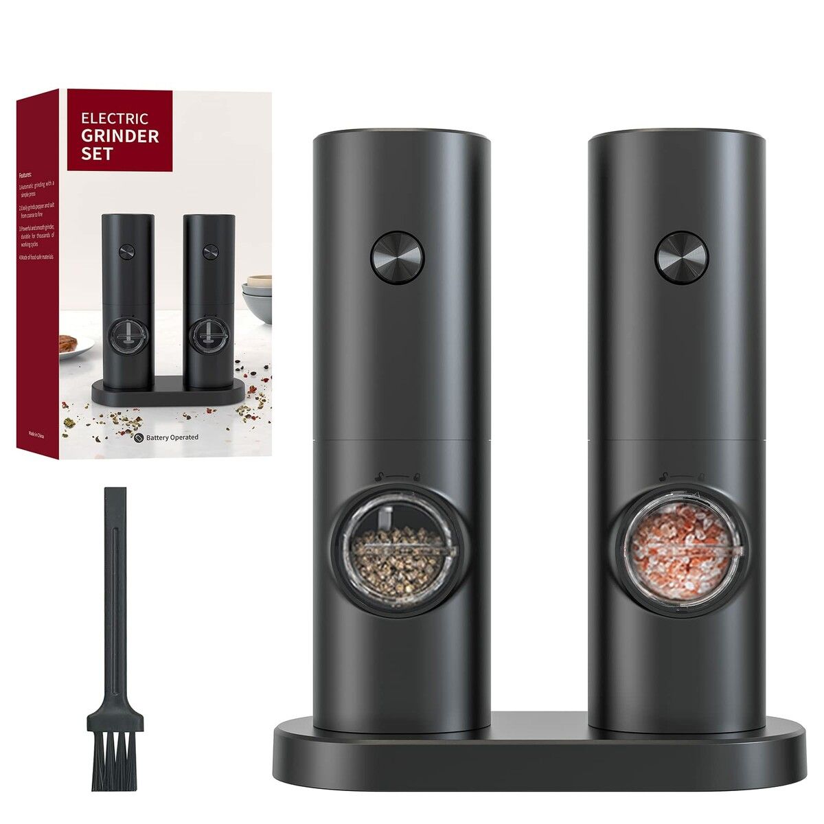 Electric Salt Pepper Grinder with Storage Base Adjustable Roughness Automatic Electronic Spice Grinder(Black)