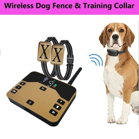 2 in 1 Pet Dog Electric Fence System Rechargeable Waterproof Receiver Adjustable Dog Training Collar Electric Fence Containment System For Two Dog Color Gold