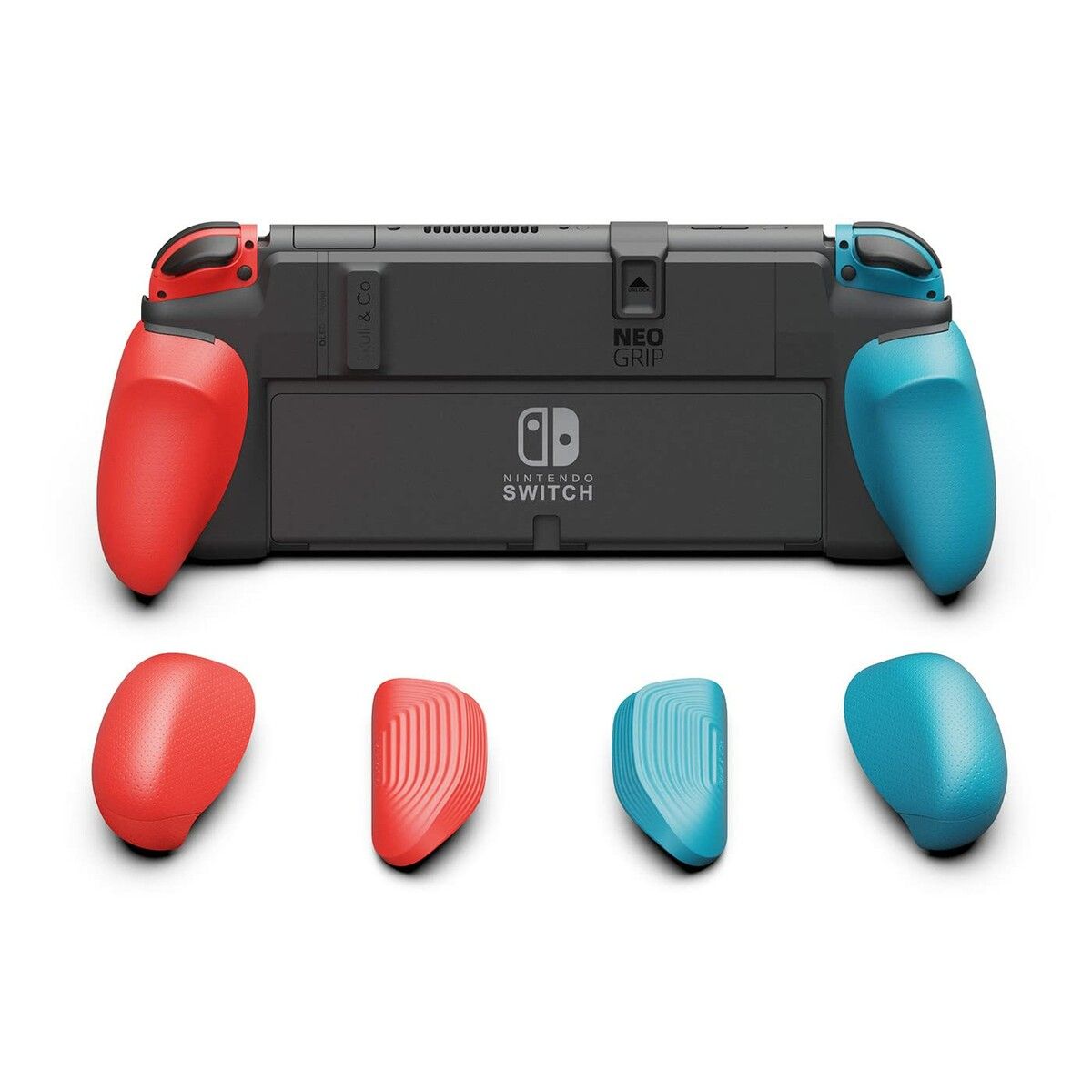 NeoGrip: an Ergonomic Grip Hard Shell with Replaceable Grips [to fit All Hands Sizes] for Nintendo Switch OLED and Regular Model (Red+Blue)