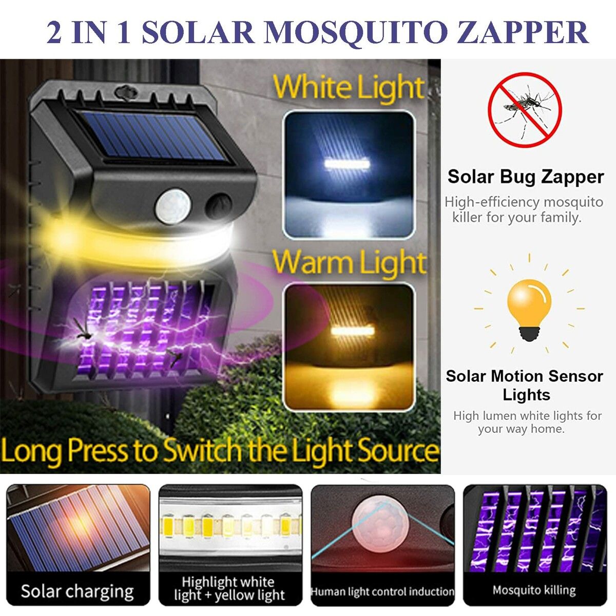 Solar Mosquito Zapper Outdoor, Bug Zapper Outdoor Electric, Insect Fly Traps with Motion Sensor Lights, Wall Lamp for Outdoor Garden Yard