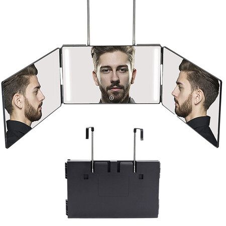 3 Way Trifold Haircut Mirror, 360 Degree Mirror for Hair Cutting, Shaving (Black)