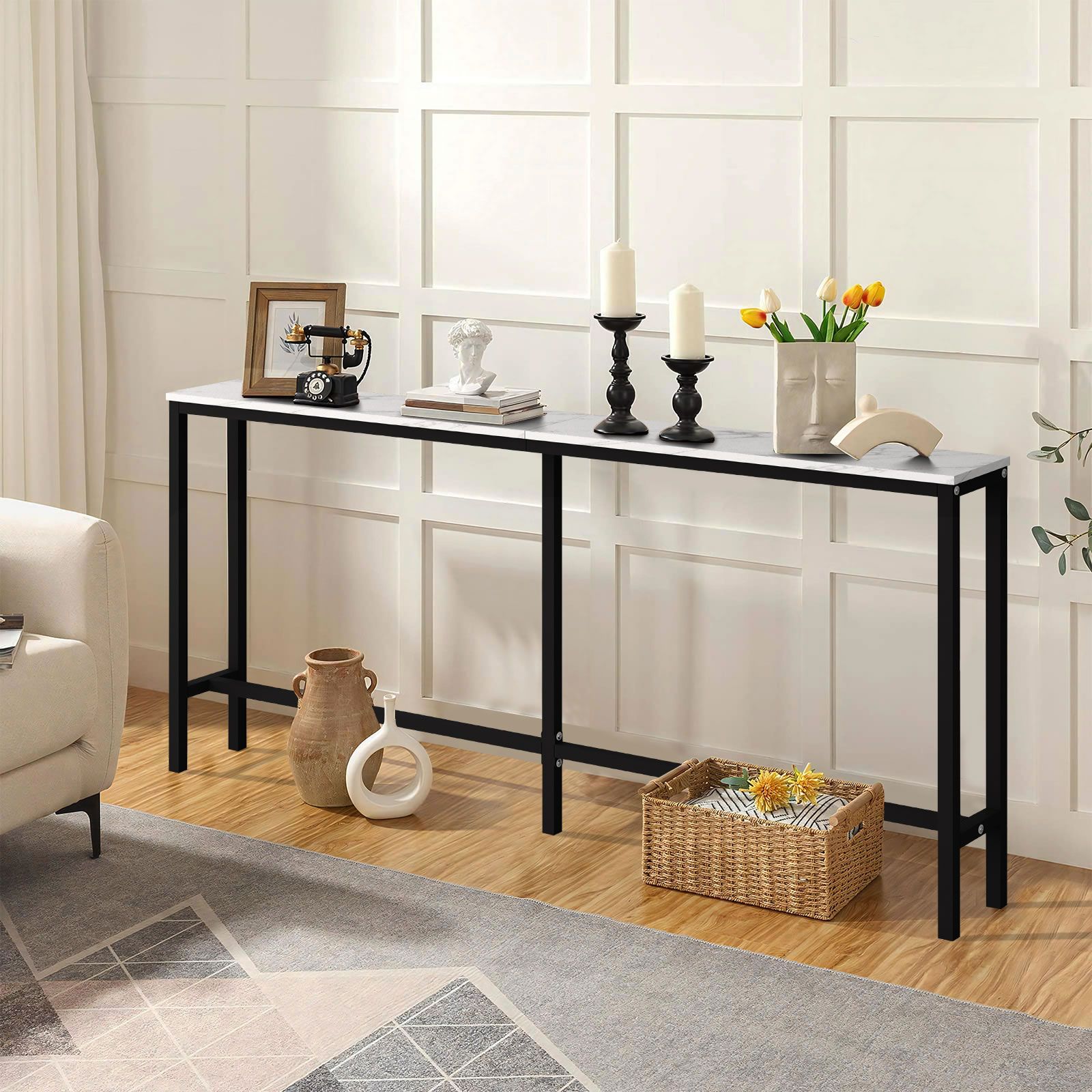 Narrow Console Table Hall Entryway Bar Side Sofa Couch Wood Accent Long Slim Storage Shelf Marble Effect 160x20x79cm