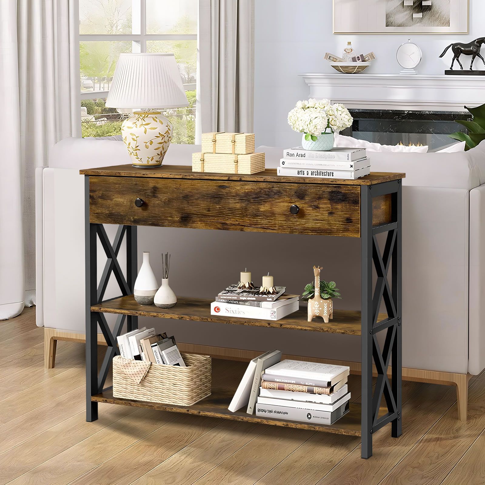 Industrial Console Table with Drawer Hall Entryway Bar Side Sofa Wooden Accent Couch Lamp Storage Shelf Display 100x30x80cm