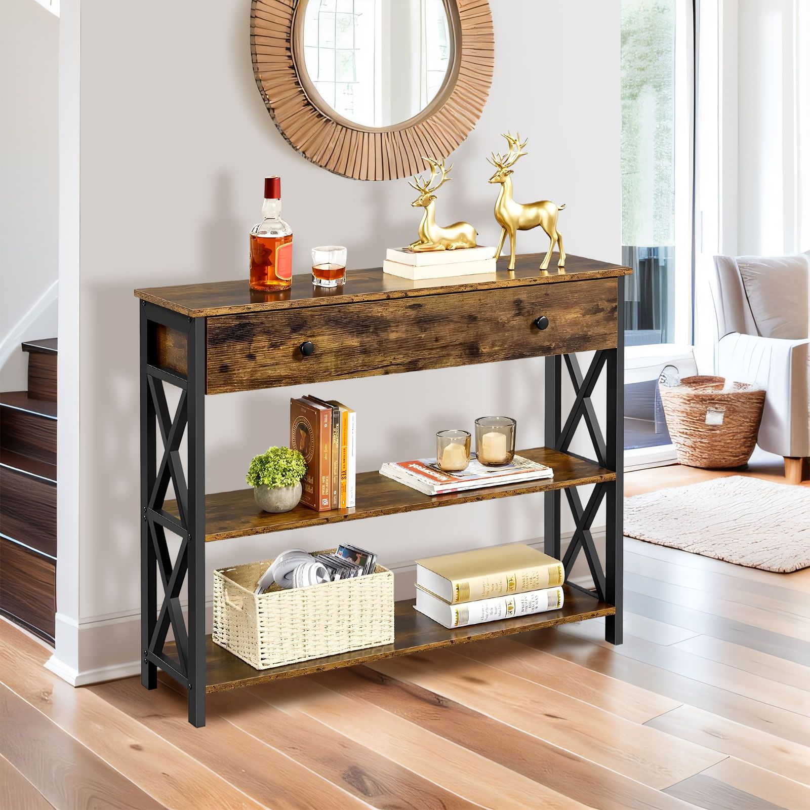 Industrial Console Table with Drawer Hall Entryway Bar Side Sofa Wooden Accent Couch Lamp Storage Shelf Display 100x30x80cm