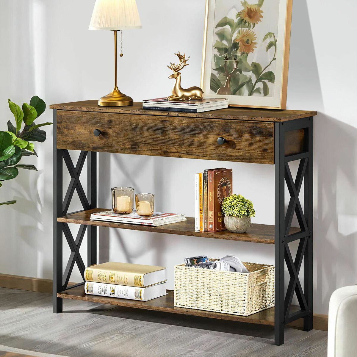 Industrial Console Table with Drawer Hall Entryway Bar Side Sofa Wooden Accent Couch Lamp Storage Shelf Display 100x30x80cm