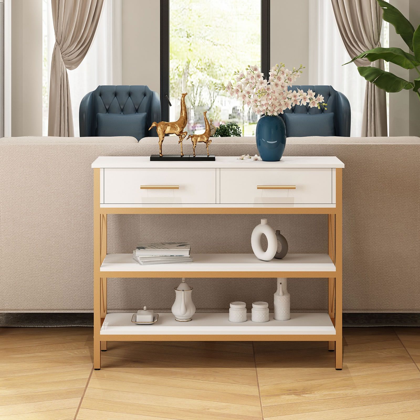 Modern Console Table TV Cabinet Hall Entryway Bar Side Sofa Narrow Long Storage Shelves Drawers Wooden Accent 100x30x80cm