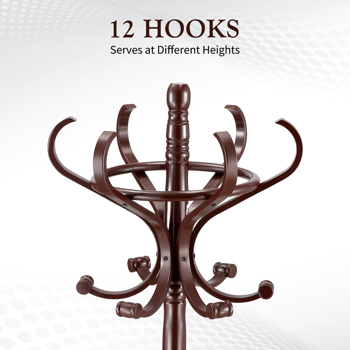 Wooden Coat Rack Stand 12 Hooks Freestanding Hall Tree Hanger Organiser for Clothes Hat Jacket Umbrella Walnut Brown