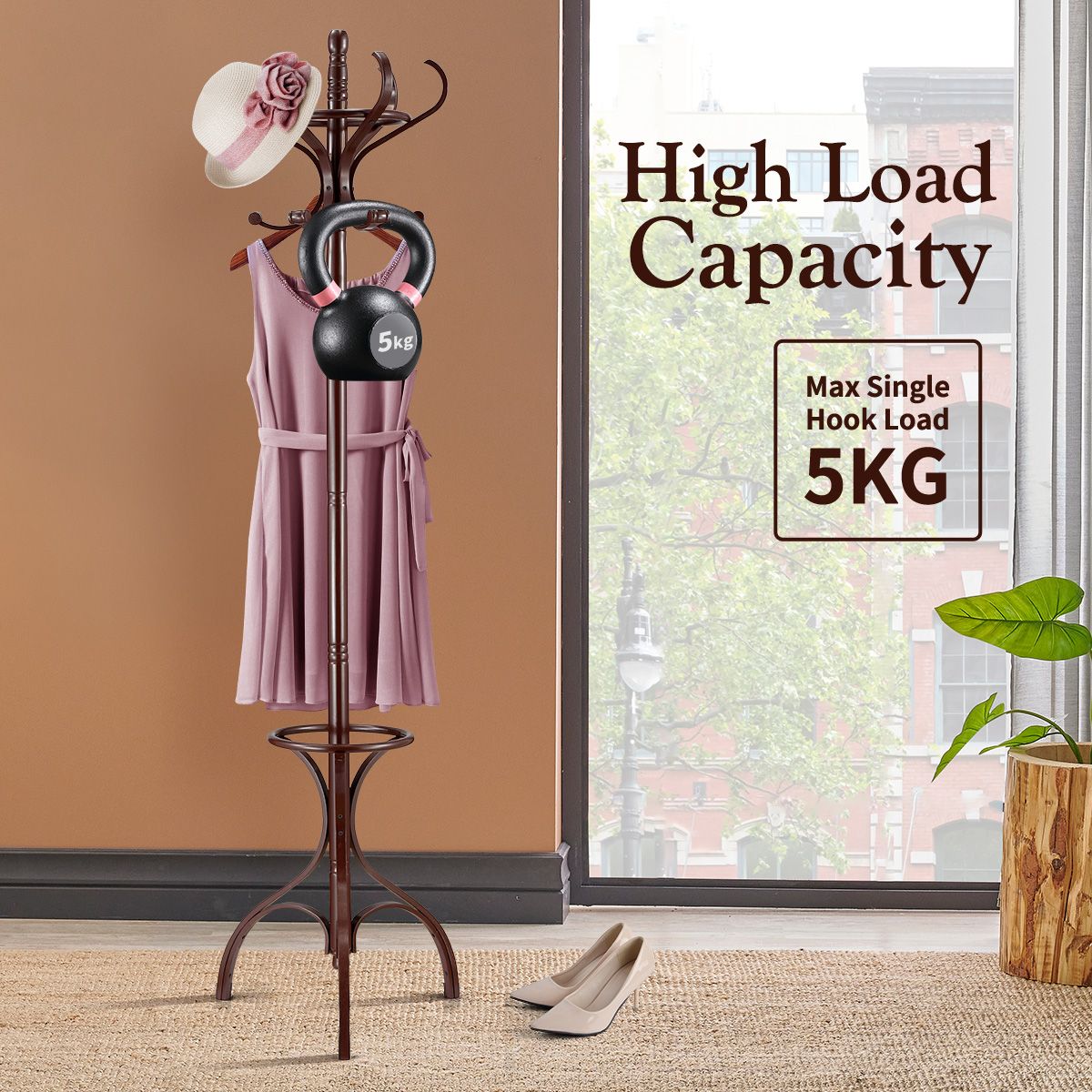 Wooden Coat Rack Stand 12 Hooks Freestanding Hall Tree Hanger Organiser for Clothes Hat Jacket Umbrella Walnut Brown