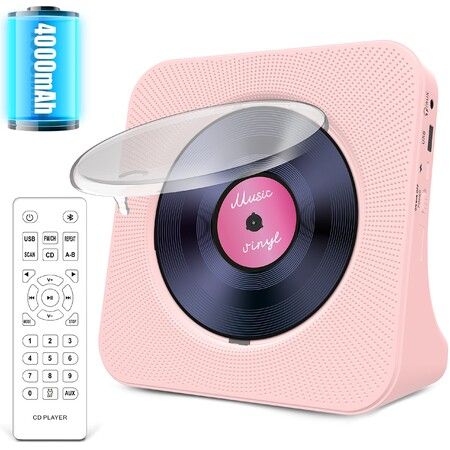 Portable CD Player with Bluetooth: 4000mAh Rechargeable Kpop Music Player with HiFi Speaker,Remote Control,LCD Display,Sleep Timer,Headphone Jack,Supports CD/Bluetooth/FM Radio/U-Disk/AUX (Pink)