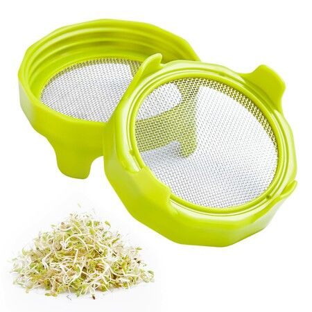 Sprouting lids,Plastic Sprout Lid with Stainless Steel Screen for Wide Mouth Mason Jars,Germination Kit Sprouter Sprout Maker with Stand Water Tray Grow Bean Sprouts,Broccoli Seeds,Alfalfa,Salad (Green,2Pack)