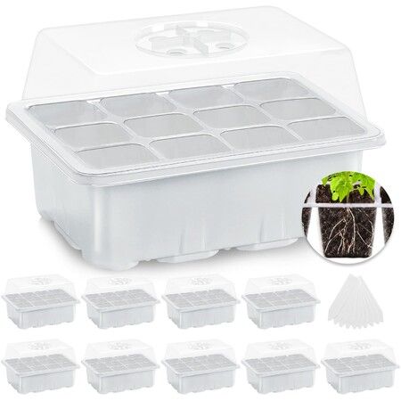 Seed Starter Tray Seed Starter Kit with Humidity Dome (120 Cells Total Tray) Seed Starting Trays Plant Starter Kit and Base Mini Greenhouse Germination Kit for Seeds Growing Starting (10 Pack,White)