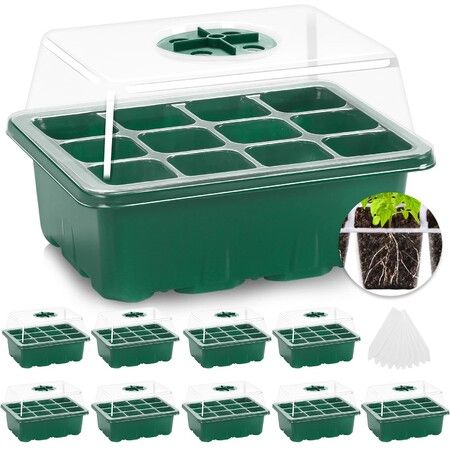 Seed Starter Tray Seed Starter Kit with Humidity Dome (120 Cells Total Tray) Seed Starting Trays Plant Starter Kit and Base Mini Greenhouse Germination Kit for Seeds Growing Starting (10 Pack,Green)
