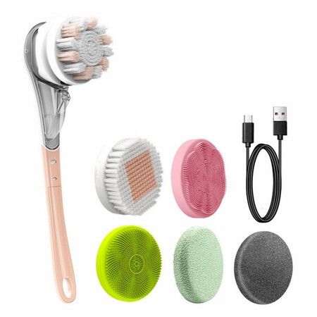 6 in 1 Rechargeable Electric Body Brush Shower Massage Exfoliating Scrubber Soft Silicone USB Wash Deep Cleaning Multifunctional Back Brush (Pink)