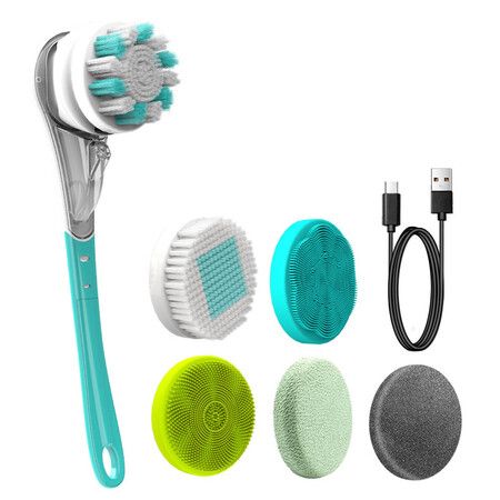 6 in 1 Rechargeable Electric Body Brush Shower Massage Exfoliating Scrubber Soft Silicone USB Wash Deep Cleaning Multifunctional Back Brush (Blue)