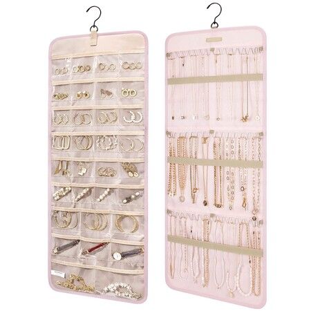 Hanging Jewelry Organizer Storage Roll with Hanger Metal Hooks Double-Sided Jewelry Holder for Earrings,Necklaces,Rings on Closet,Wall,Door,1 piece,Large,Pink