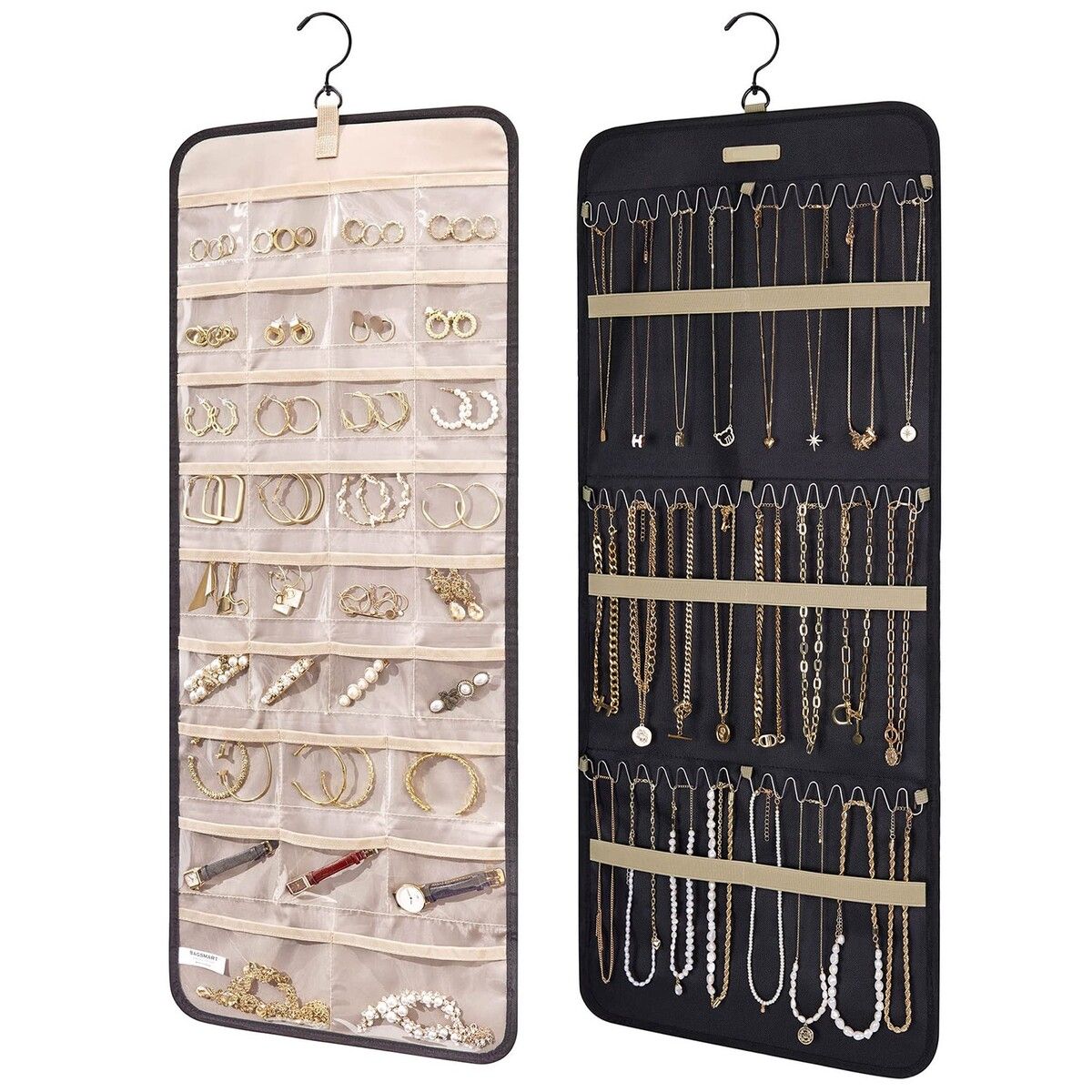 Hanging Jewelry Organizer Storage Roll with Hanger Metal Hooks Double-Sided Jewelry Holder for Earrings,Necklaces,Rings on Closet,Wall,Door,1 piece,Large,Black