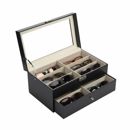 Sunglasses Organizer for Women Men,Multiple Eyeglasses Eyewear Display Case,Leather Multi Sunglasses Jewelry Collection Holder with Drawer,Sunglass Glasses Storage Box with 12 Compartments