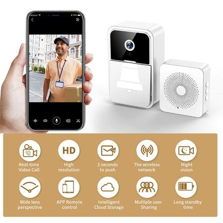 Smart Wireless Remote Video Doorbell Intelligent Visual Doorbell Home Intercom HD Night Vision WiFi Rechargeable Security Door Doorbell Color White