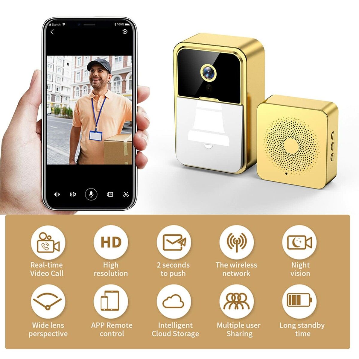 Smart Wireless Remote Video Doorbell Intelligent Visual Doorbell Home Intercom HD Night Vision WiFi Rechargeable Security Door Doorbell Color Gold