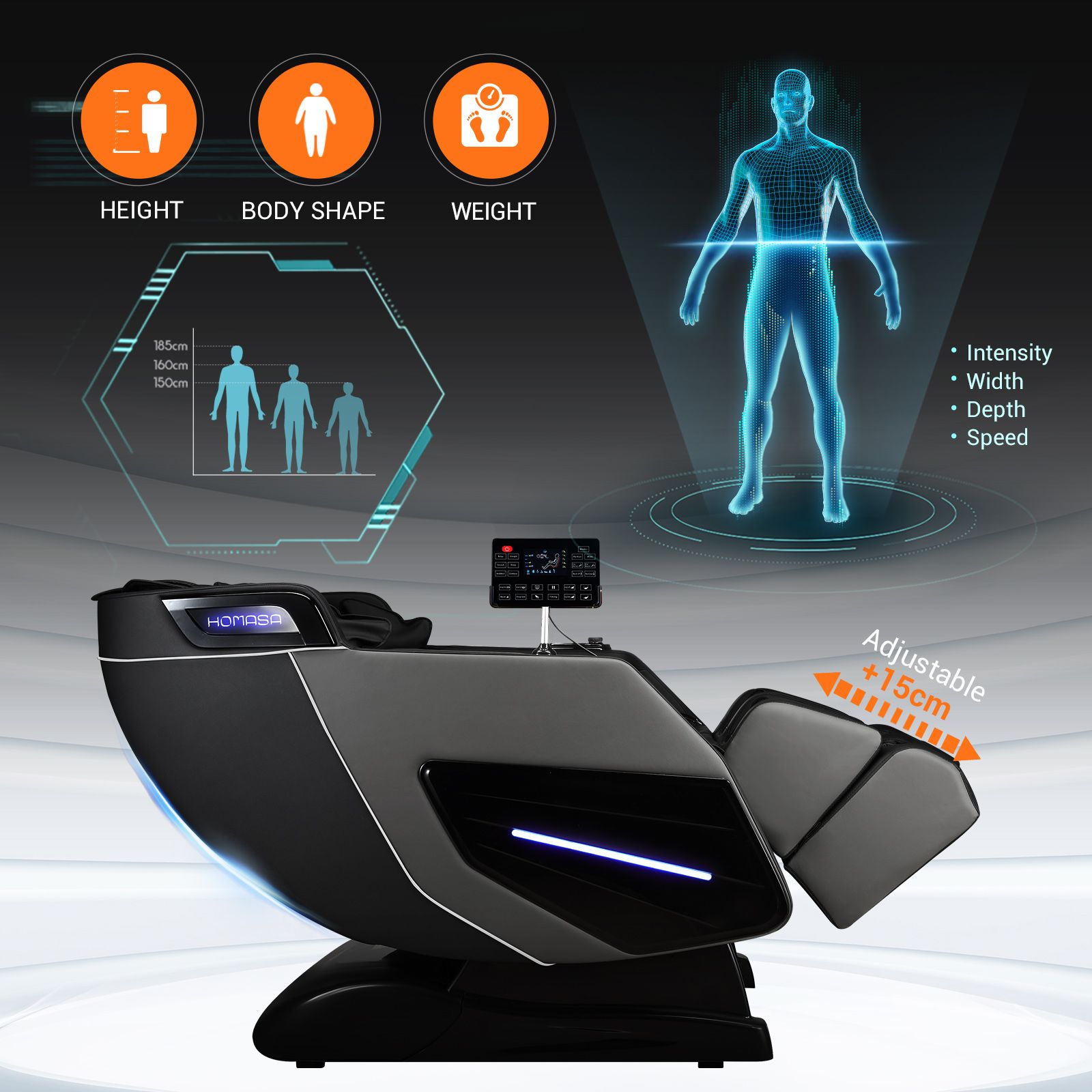 HOMASA 4D Massage Chair Zero Gravity Full Body Shiatsu Electric Recliner Heated Foot Massager Airbag Bluetooth Speaker Grey