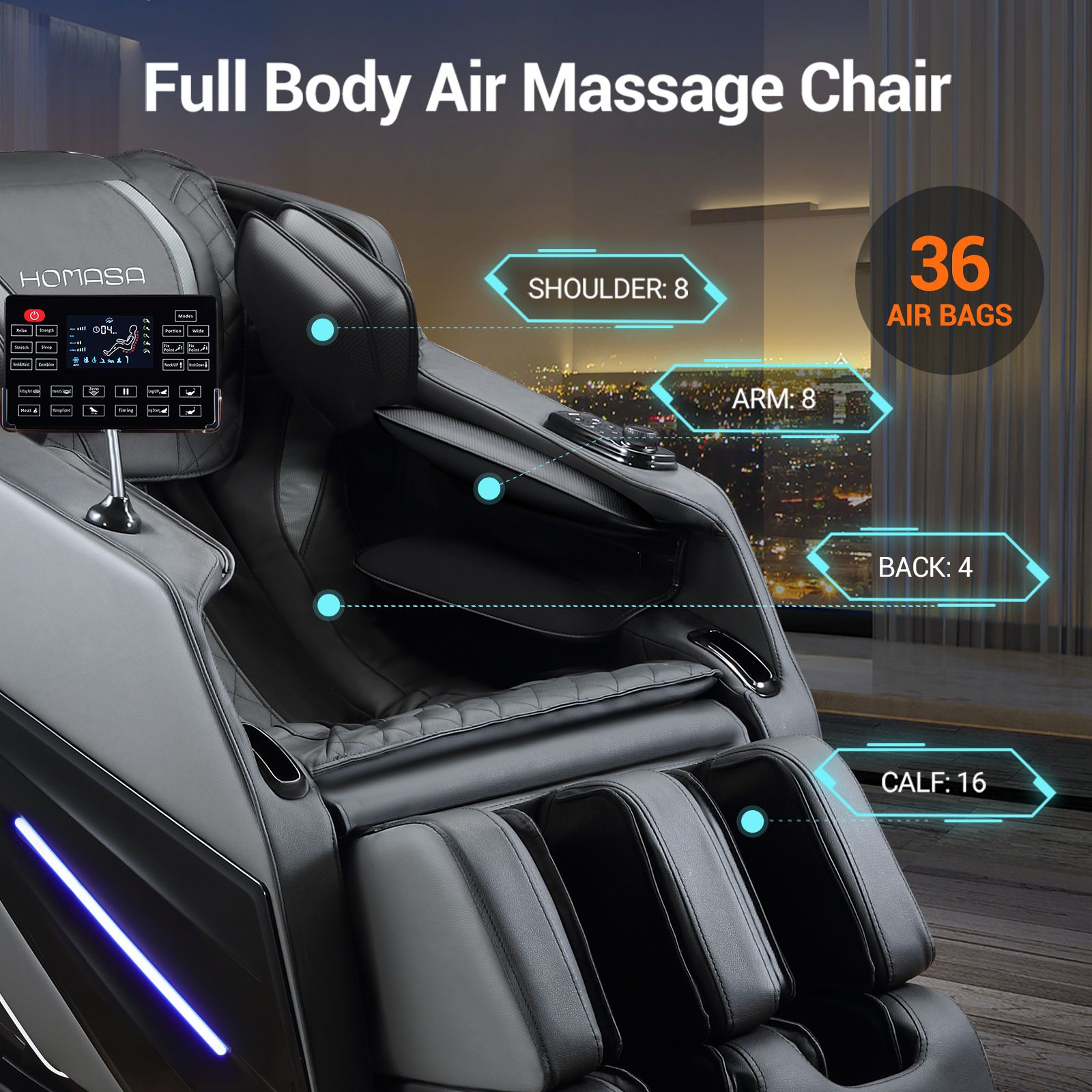 HOMASA 4D Massage Chair Zero Gravity Full Body Shiatsu Electric Recliner Heated Foot Massager Airbag Bluetooth Speaker Grey
