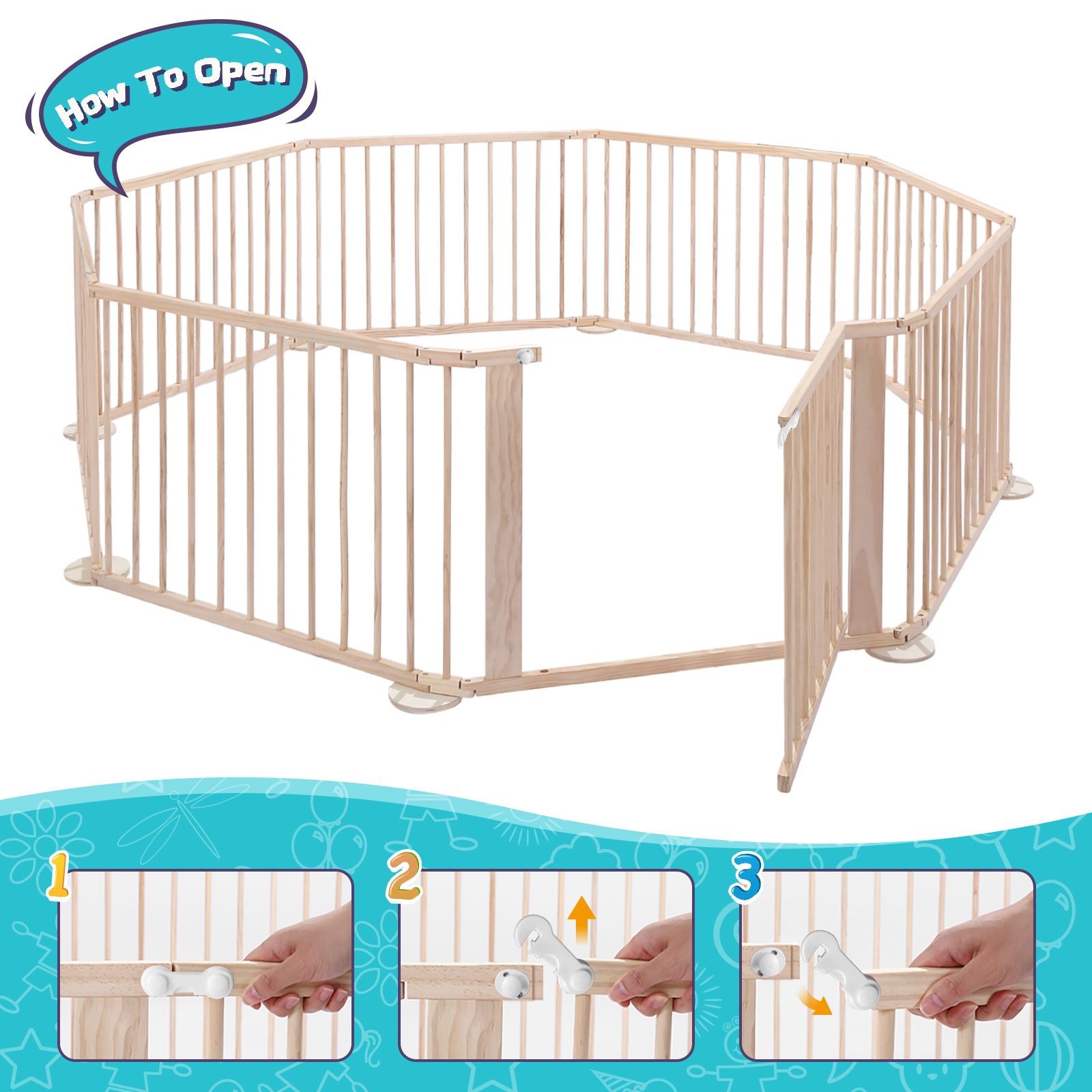 8 Panels Baby Playpen Gate Pen Playground Activity Centre Dog Pet Cat Safety Fence Enclosure Barrier Pine Wood Play Room Portable