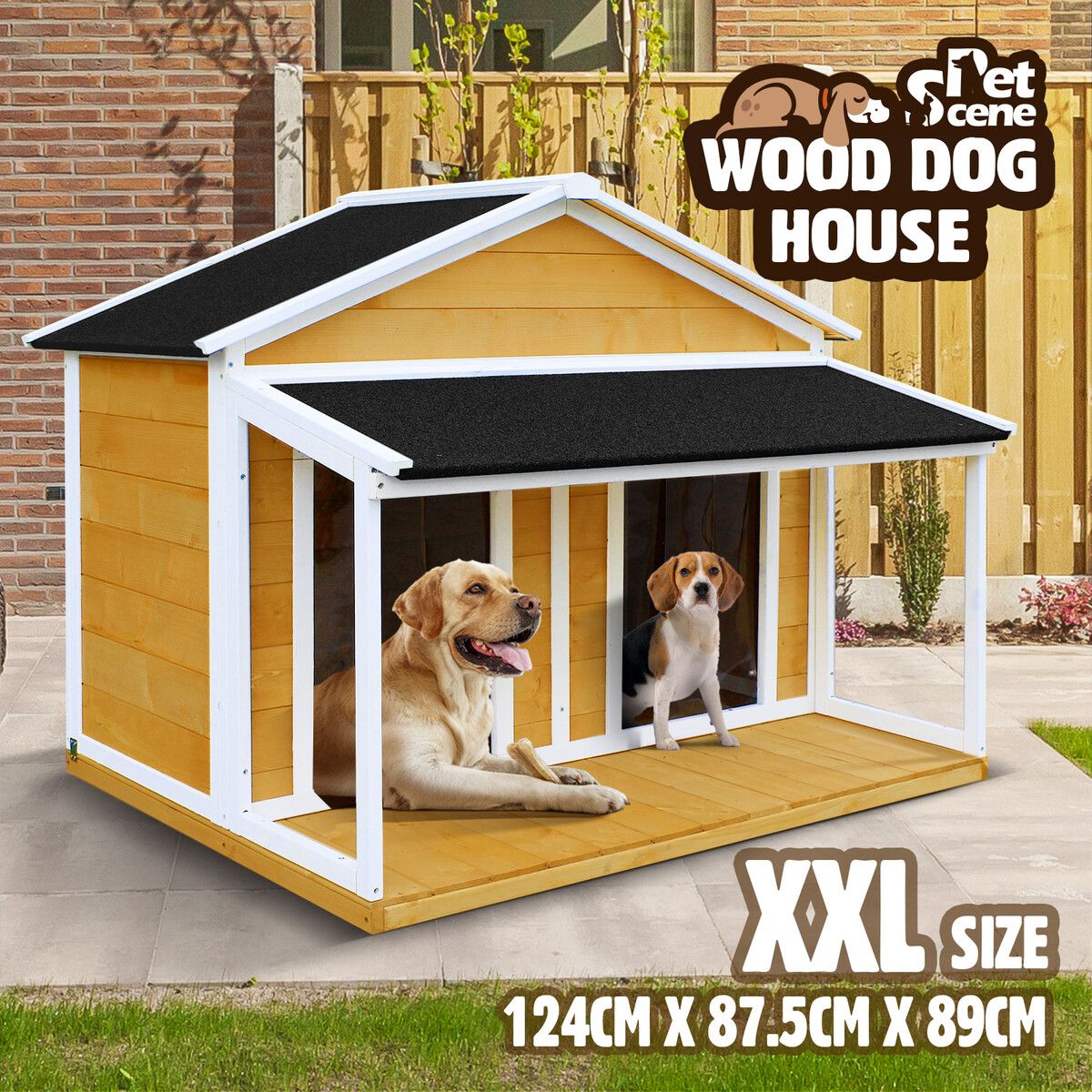 Dog House Kennel Wooden Raised Pet Puppy Home Shelter Indoor Outdoor with Porch Doors Asphalt Roof XXL