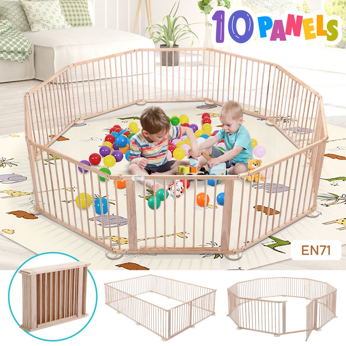 10 Panels Baby Playpen Fence Pen Safety Gate Activity Centre Pet Dog Cat Enclosure Barrier Playground Pine Wood Portable Play Room