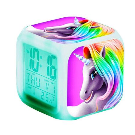 Unicorn Digital Alarm Clocks for Girls, LED Night Glowing Cube LCD Clock with Light (Rainbow)