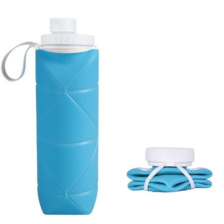 Collapsible Water Bottles Cups Leakproof Valve Reusable BPA Free Silicone Foldable Travel Water Bottle Cup for Gym Camping Hiking Travel Sports Lightweight Durable (20oz,Light Blue)