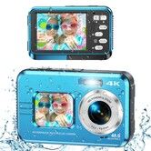 Underwater Cameras,4K Waterproof Digital Camera 48 MP Autofocus Function Selfie Dual Screens with Compact Portable 11FT Underwater Camera for Snorkeling,2 battery (Blue)