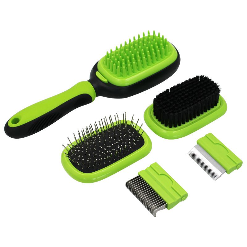 5 in 1 Pet Grooming Comb for Dogs & Cats, Includes Massage Brush, Pin Brush, Bristle Brush, Hair Removal Comb & Open Knot Comb - Green