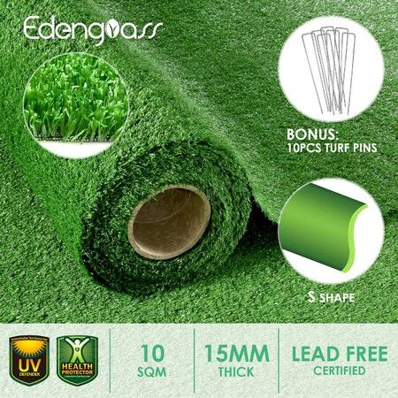 2x5M Artificial Grass Roll  Fireproof Fake Synthetic Turf Faux Lawn 10SQM Plastic Plant Mat Flooring Yarn Decor Olive 15mm 10 Pins
