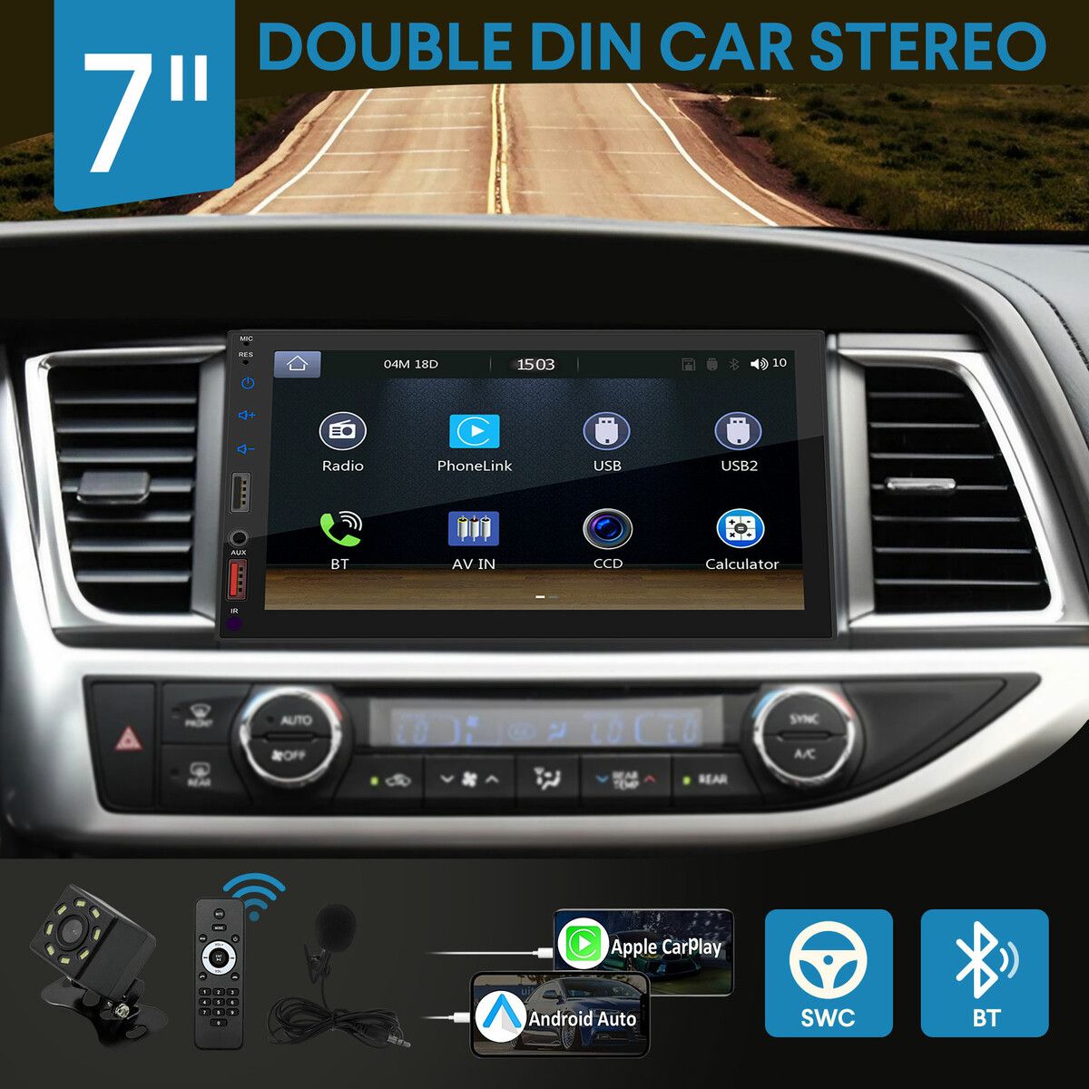 7inch Double Din Car Stereo Radio Android Player Apple CarPlay Bluetooth Head Unit System Touch Screen Navigation