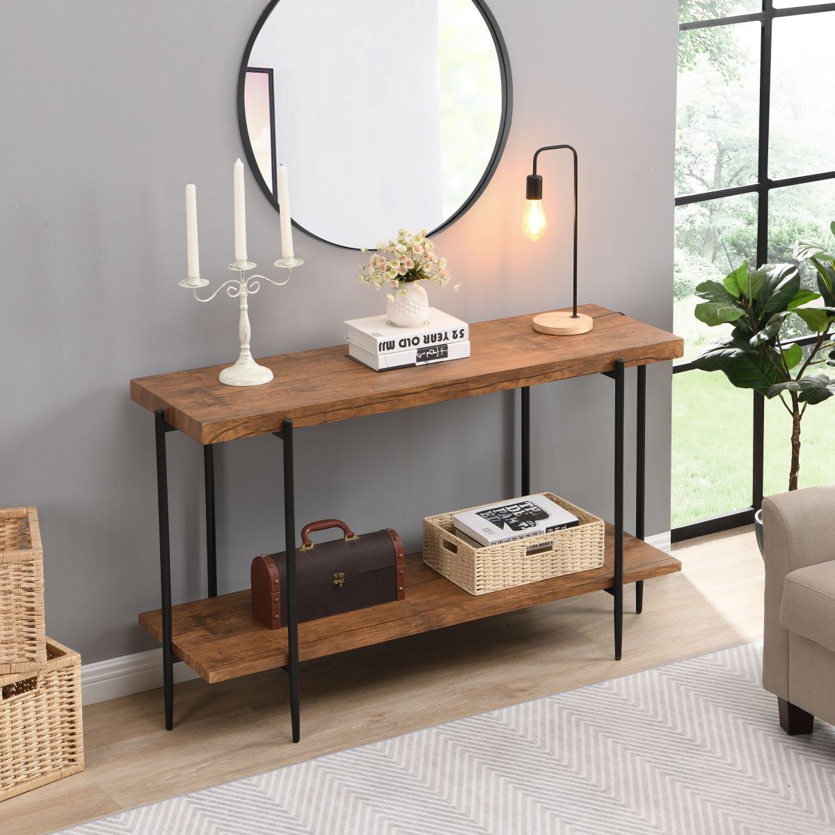 IHOMDEC Extra Long Console Sofa Table Rustic 135cmW Rustic Dark Brown