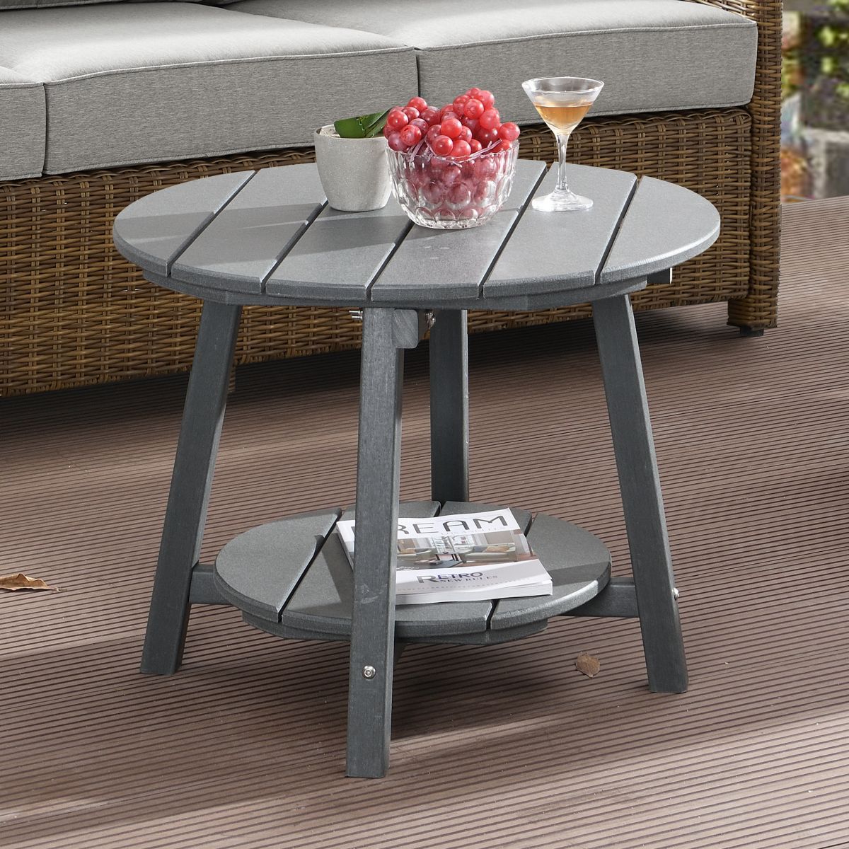 EHOMMATE HDPE Round Top Double Layers Outdoor Coffee Table Grey