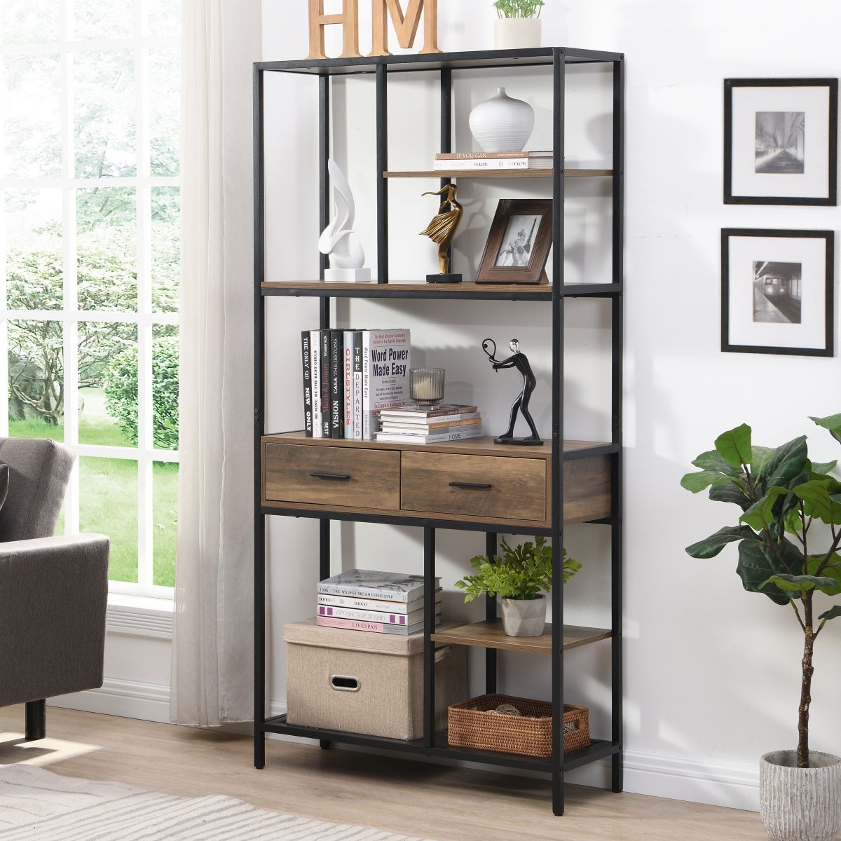 IHOMDEC 6-Tier Open Multi-function Bookshelf with Drawers Rust Dark Brown