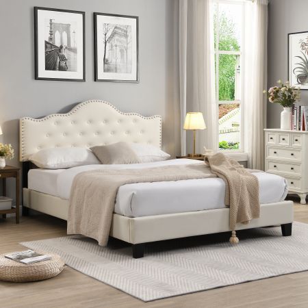 IHOMDEC Upholstered Button Tufted Double Bed Frame BEF05 Beige