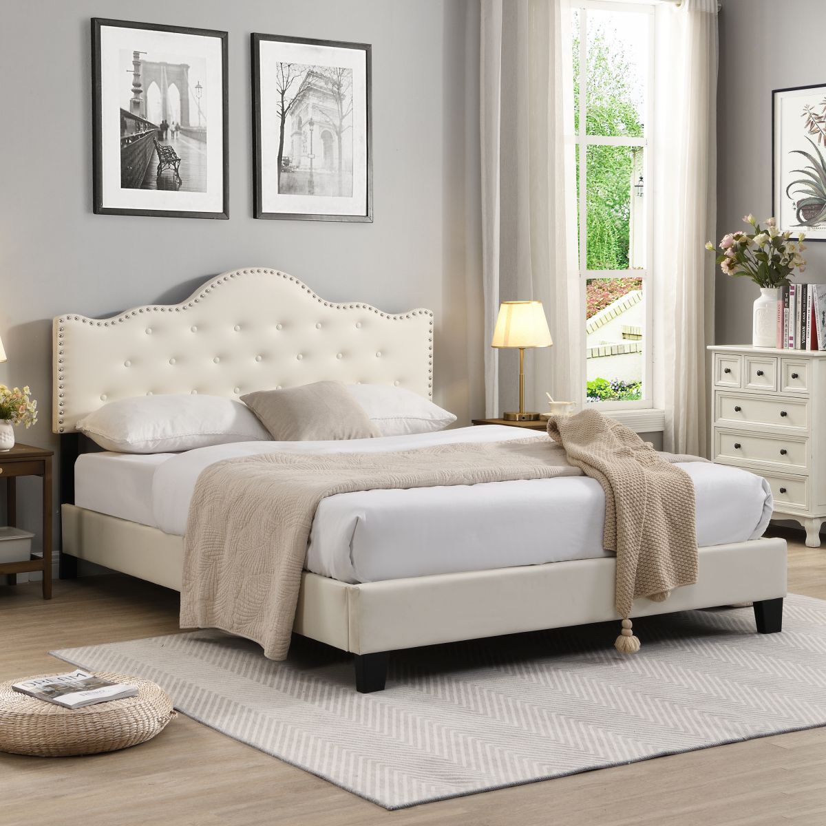 IHOMDEC Upholstered Button Tufted Double Bed Frame BEF05 Beige