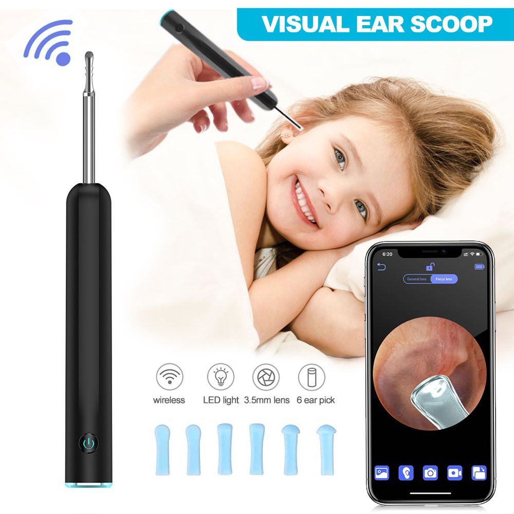 Smart WiFi Visual Ear Endoscope Camera with 3.5 mm Lens 1080P FHD Camera 6 LED Lights Waterproof Lens for IOS Android-Black