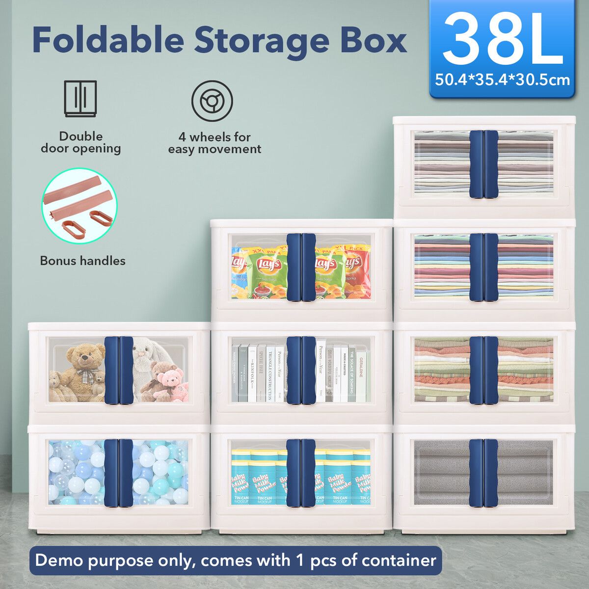 38L Storage Box Container Tool Toy Plastic Organiser Large Stackable Collapsible Wardrobe Clothes Pantry Bin