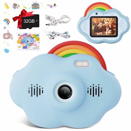 Kids Digital Selfie Camera 40 MP 2.4'Screen HD Digital Video Rainbow Camera with 32GB SD Card 8X Zoom for Toddler-Blue