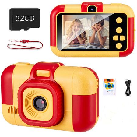 Kids Digital Camera Video Camcorder Dual Lens 1080P 2.4 Inch HD with 32G Micro SD Card for Toddlers-Red