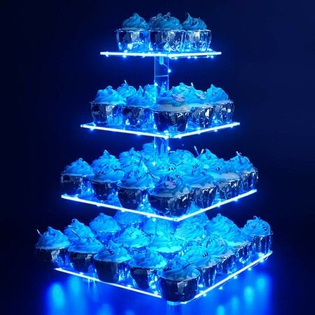 4 Tier Cupcake Stand Acrylic Tower Display with LED Light Premium Holder Dessert Tree Tower for Birthday Cady Bar Décor Weddings,Parties Events (Blue Light)