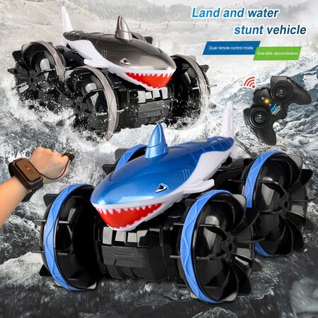 2.4 GHz Amphibious RC Car Shark,  Remote Control Monster Truck fits All Terrain, 360 Rotating RC Boat Gifts for Kids Color Blue