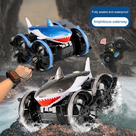 2.4 GHz Amphibious RC Car Shark,  Remote Control Monster Truck fits All Terrain, 360 Rotating RC Boat Gifts for Kids Color Black