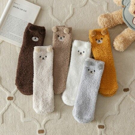 Women Winter Warm Fluffy Socks Home Floor Sleep Kawaii 3D Cute Animal Thick Fleece Fuzzy Sock Fashion Style Color Coffee