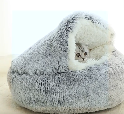 Round Plush Fluffy Hooded Cat Bed Cave, Cozy for Indoor Cats or Small Dog beds, Soothing Calm Anti-nxiety Bed Waterproof Bottom Washable (50cm, Grey)